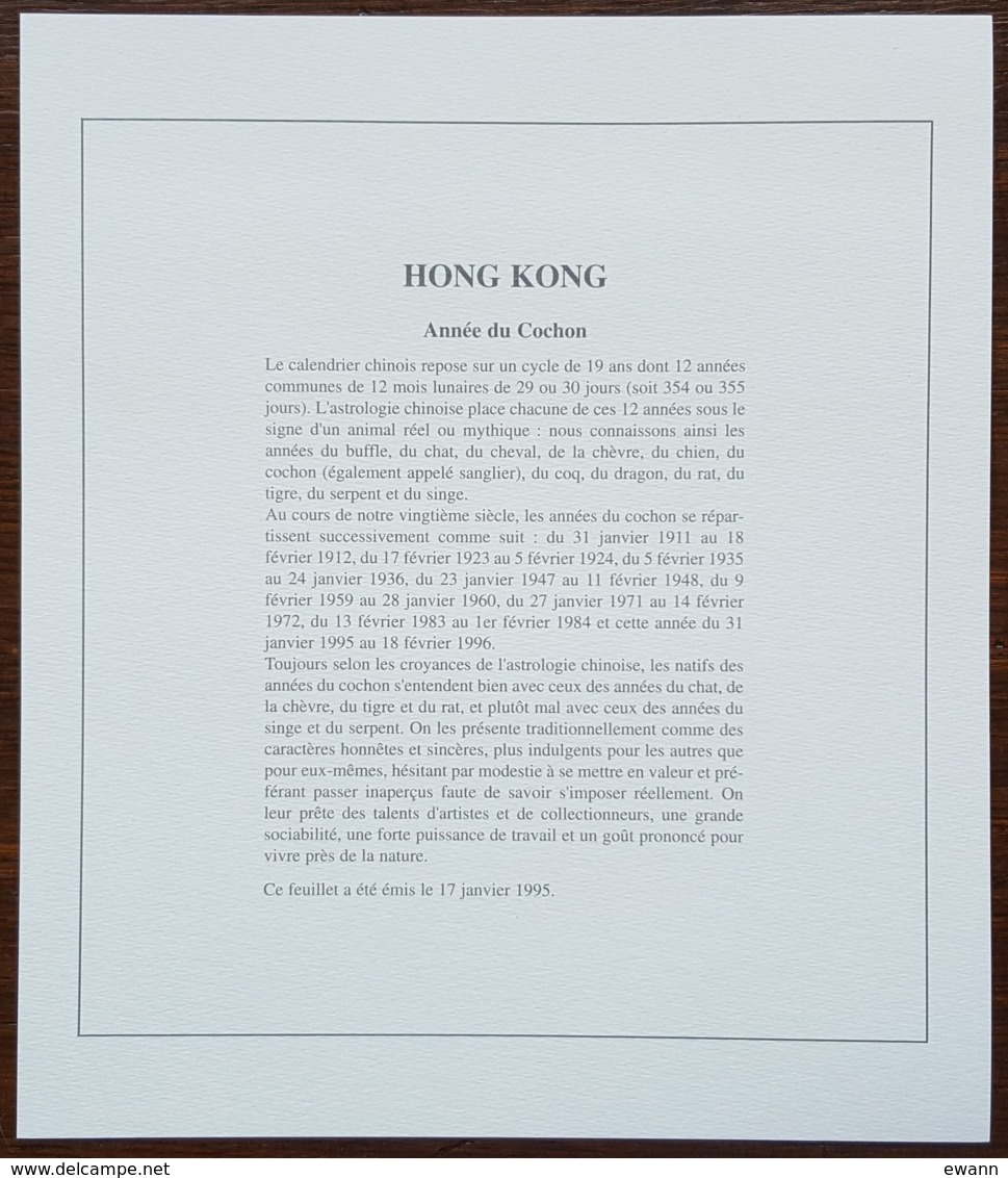 Hong Kong - YT BF N°34 Sur Document - Nouvel An Chinois / Année Du Cochon - Neuf - 1995 - Blocchi & Foglietti