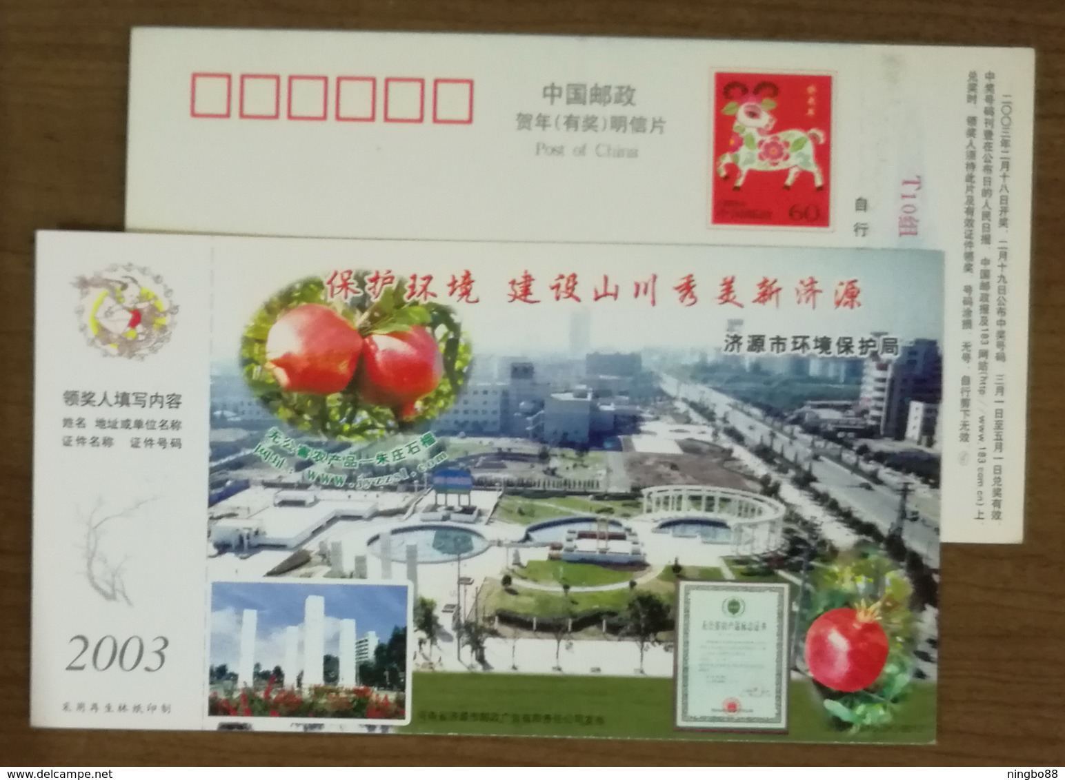 Zhuzhuang Pomegranate,pollution-free Agricultural Products,CN 03 Jiyuan Prrotect The Environment Pre-stamped Card - Fruits