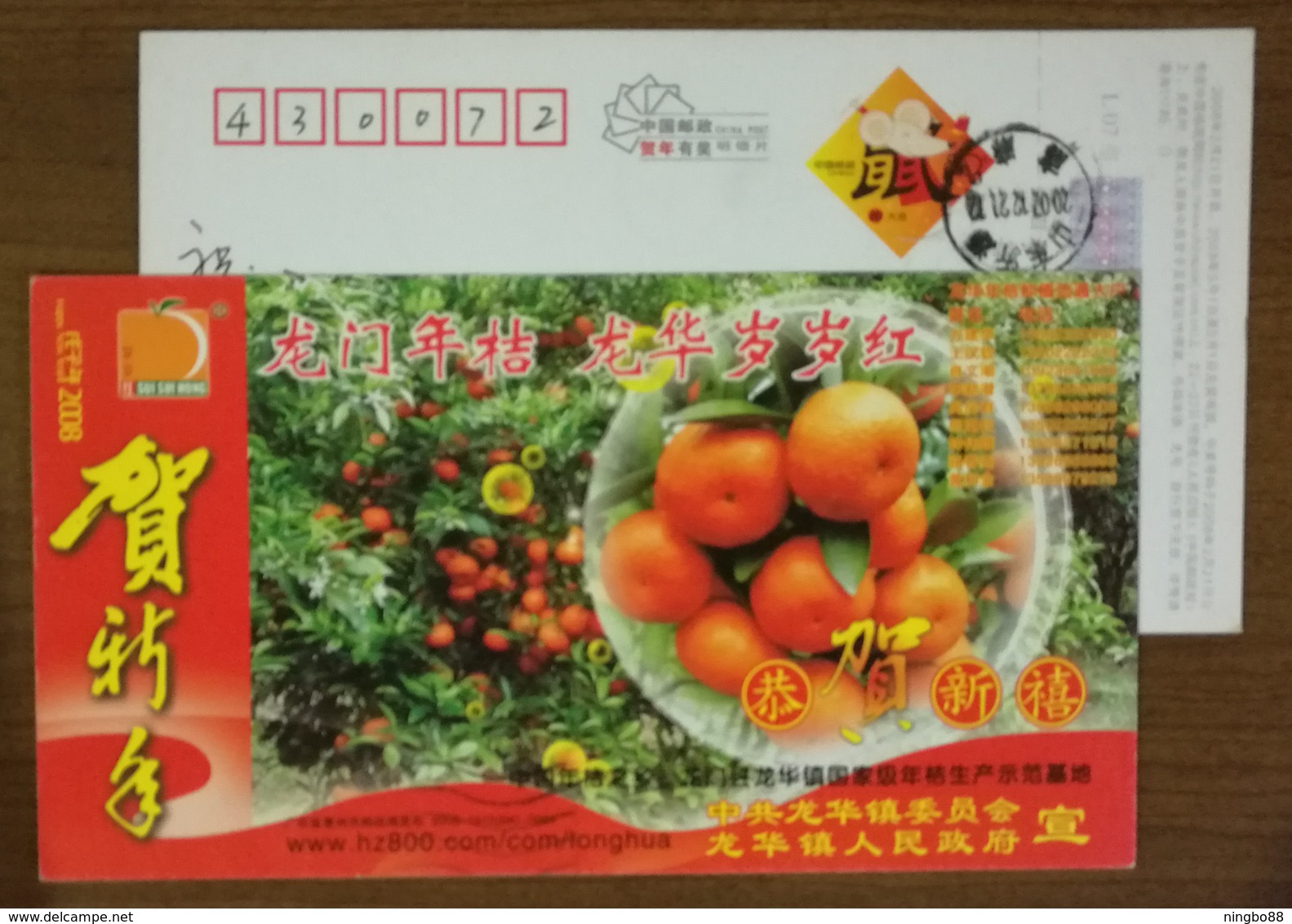 New Year Orange,China 2008 Longhua Town Planting Big Farmers New Year Greeting Advertising Pre-stamped Card - Fruits