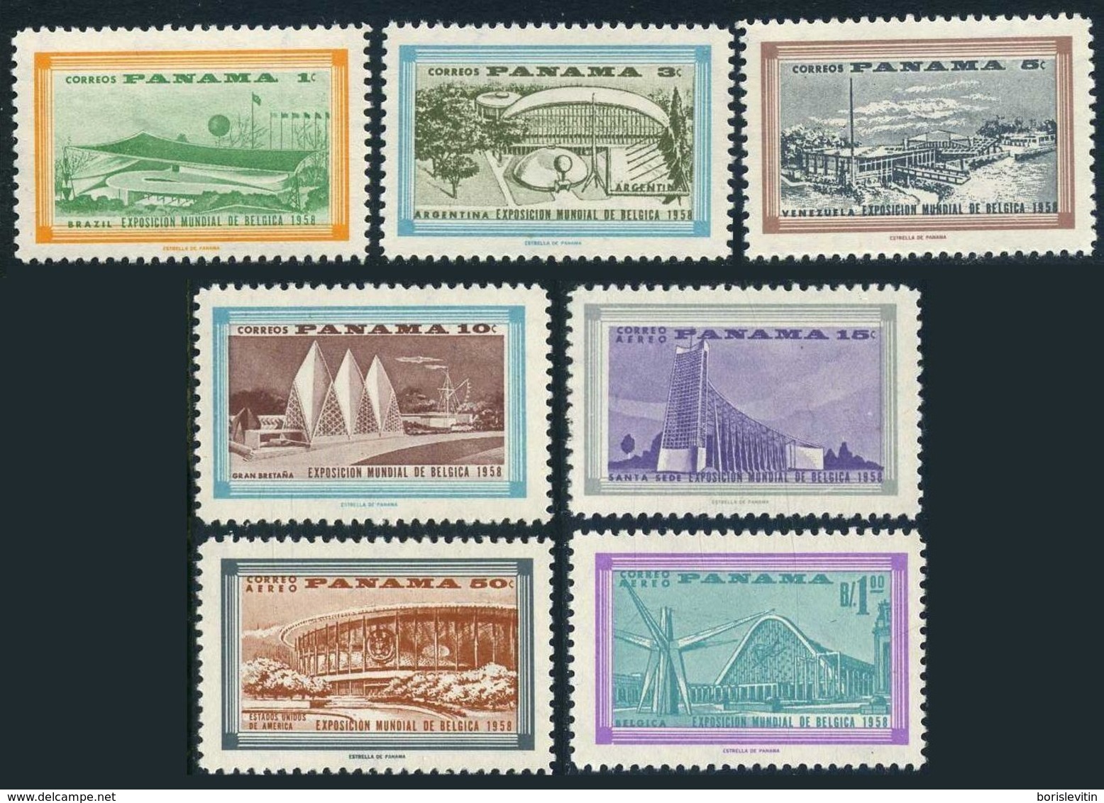 Panama 418-421,C207-C209,hinged.Michel 530-536. EXPO Brussels-1958.Pavilions. - 1958 – Brussels (Belgium)