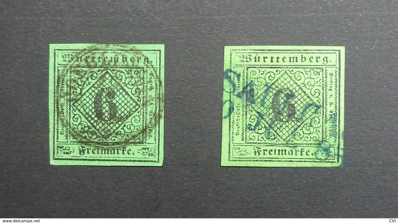 German States WURTTEMBERG 1851  SG5/Mi.3/Sc.#4  6k Black On Green Imperf Used With 2 X Different Cancels. - Autres & Non Classés