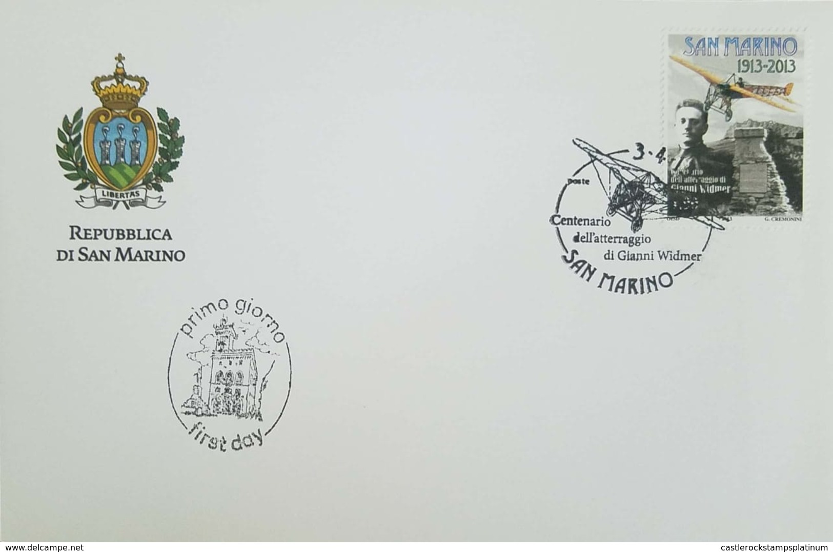 L) 2013 SAN MARINO, CENTENARY OF THE LANDING OF JOHN WIDNER AT SAN MARINO, 1913-2013, AIRPLANE, SHIELD, FDC - FDC