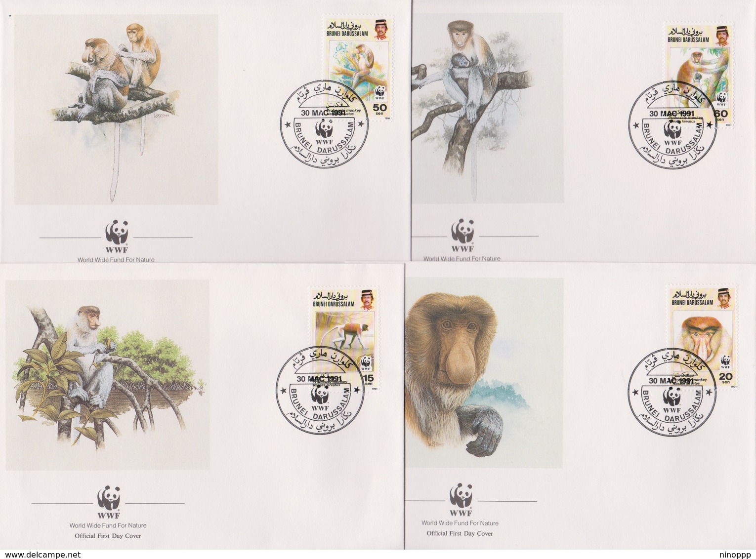 World Wide Fund For Nature 1991 Brunei Monkey ,Set 4 Official First Day Covers - FDC