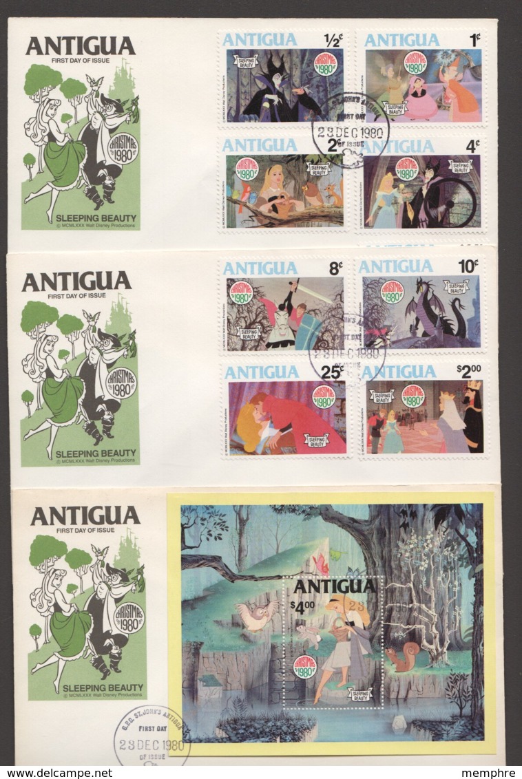 1980  Disney  Sleeping Beauty  Set Of 9 Plus Souvenir Sheet On 3 Unaddressed FDCs - 1960-1981 Ministerial Government