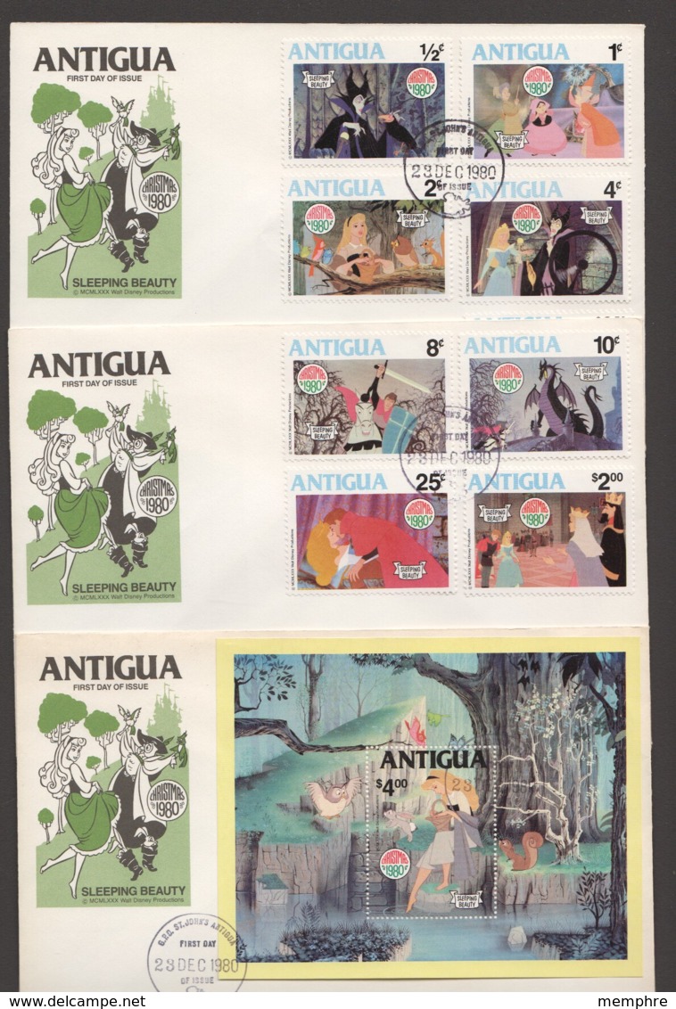 1980  Disney  Sleeping Beauty  Set Of 9 Plus Souvenir Sheet On 3 Unaddressed FDCs - 1960-1981 Interne Autonomie