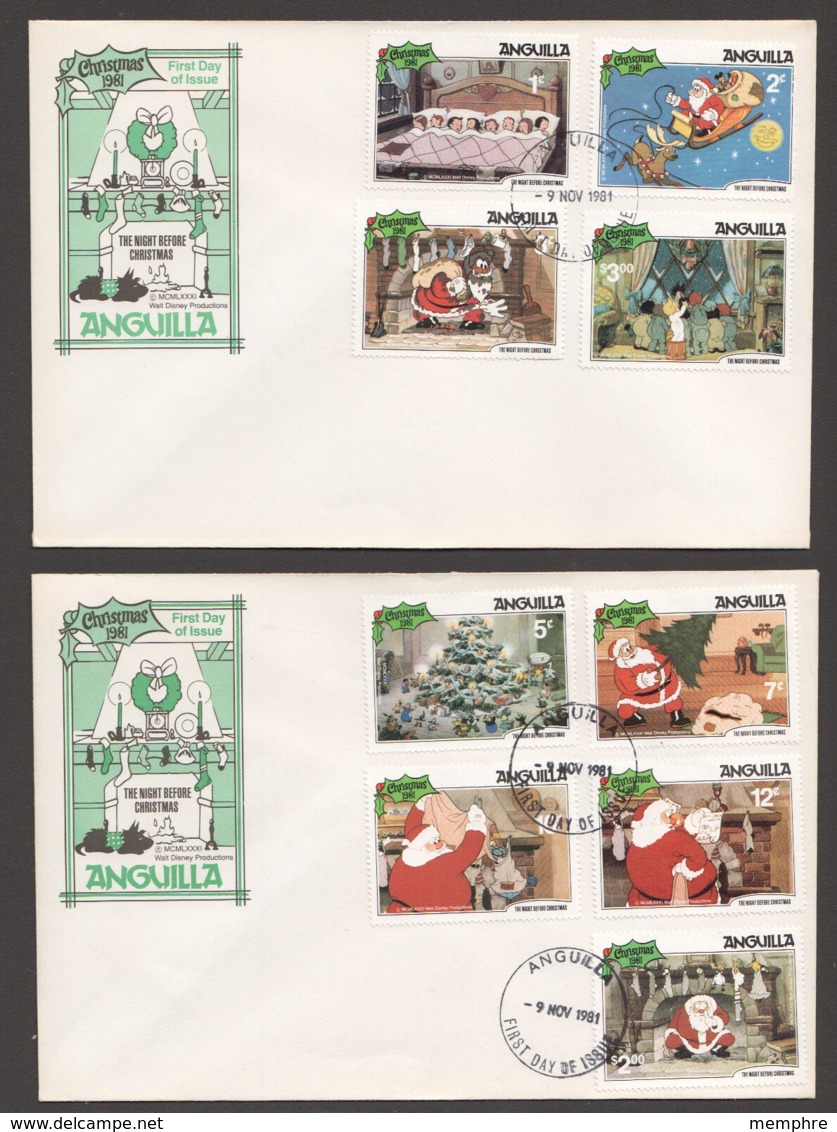 1981  Disney  The Night Before Christmas Set Of 9 Plus Souvenir Sheet On 3 Unaddressed FDCs - Anguilla (1968-...)