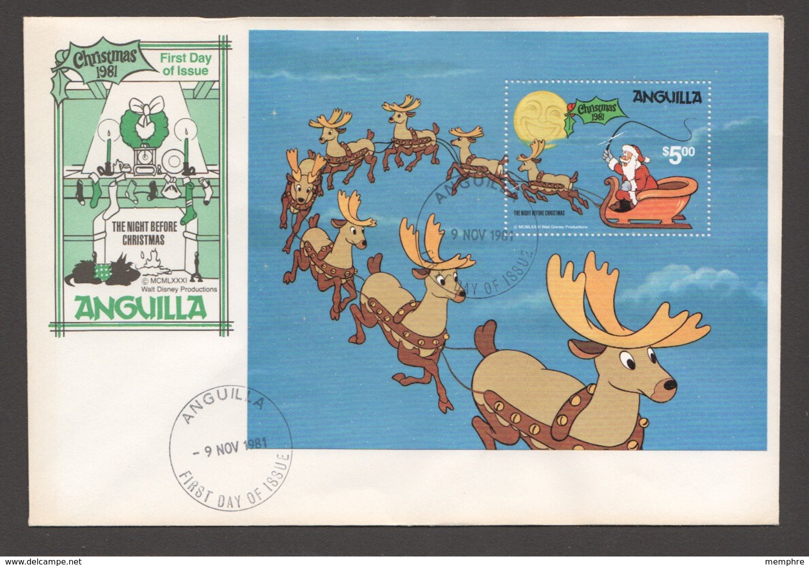 1981  Disney  The Night Before Christmas Set Of 9 Plus Souvenir Sheet On 3 Unaddressed FDCs - Anguilla (1968-...)