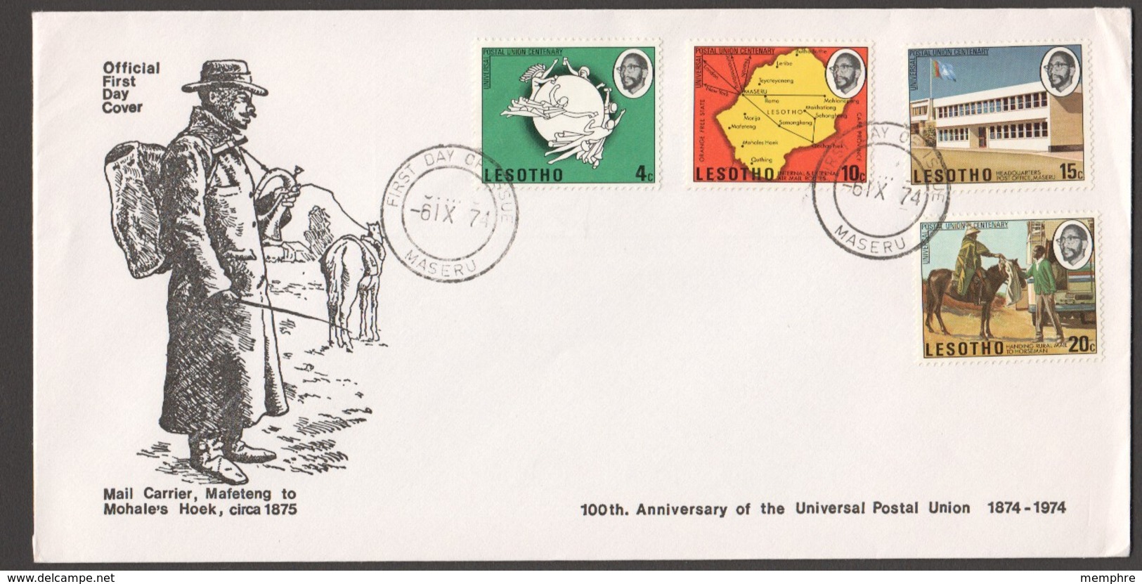 1974  UPU Centenary Complete Set On Single Unaddressed FDC - Lesotho (1966-...)