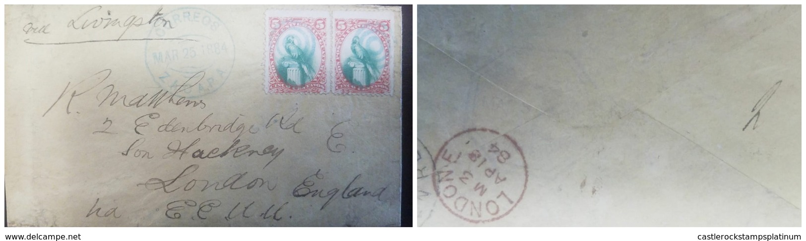 O) 1864 GUATEMALA, QUETZAL SCT 23 5c RED AND GREEN, FROM ZACAPTA, VIA LIVINGSTON AND VIA NEW ORLEANS TO ENGLAND - Guatemala