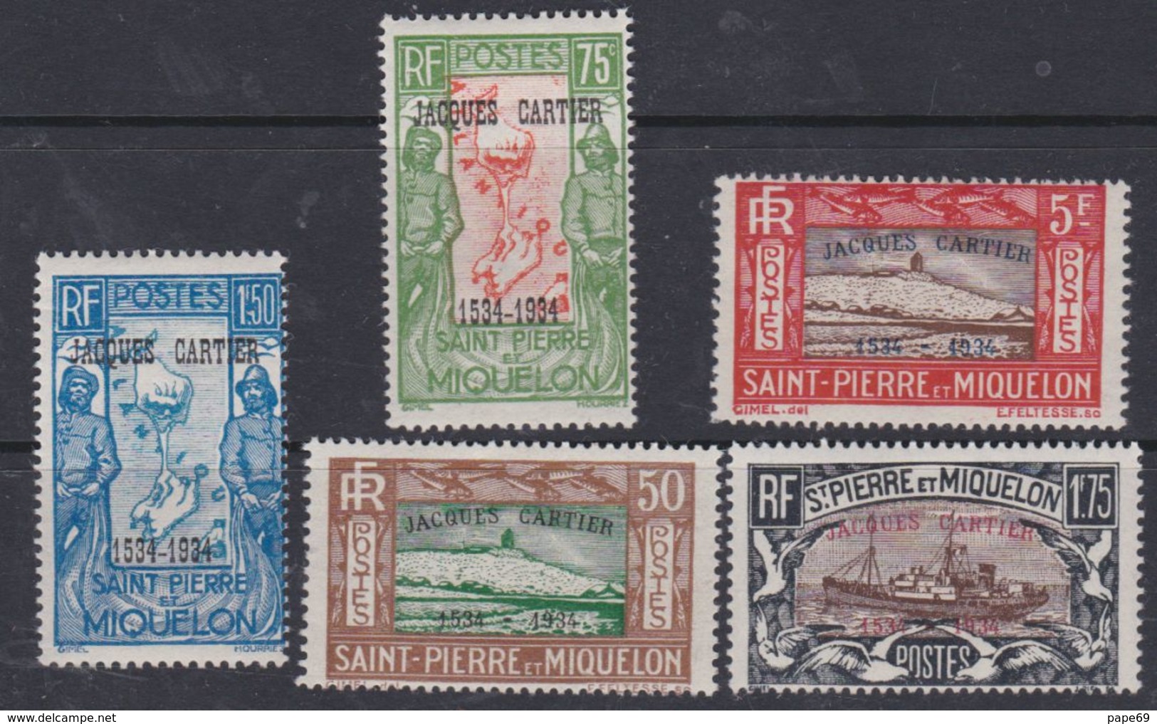 Saint Pierre Et Miquelon  N° 159A / 59E  X  La Série Des 5 Val. Surchargées "Jacques Cartier " Trace Charnière Sinon TB - Neufs