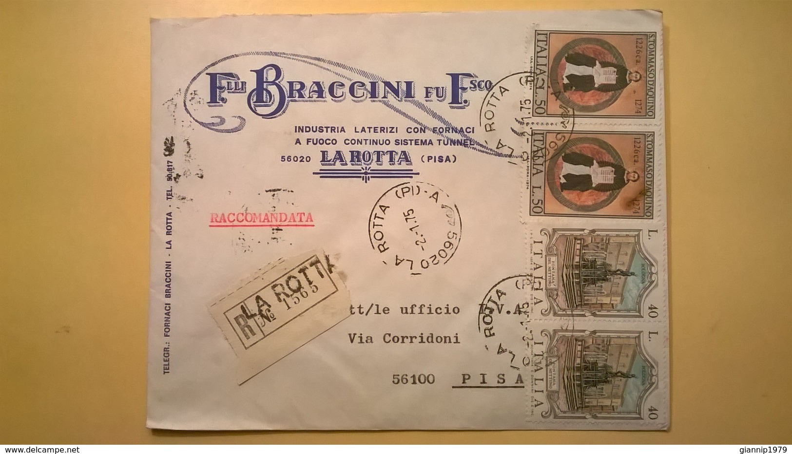 1975 BUSTA INTESTATA RACCOMANDATA PISA RARITA BOLLO SERIE FONTANE BOLOGNA TOMMASO D' AQUINO - 1971-80: Storia Postale