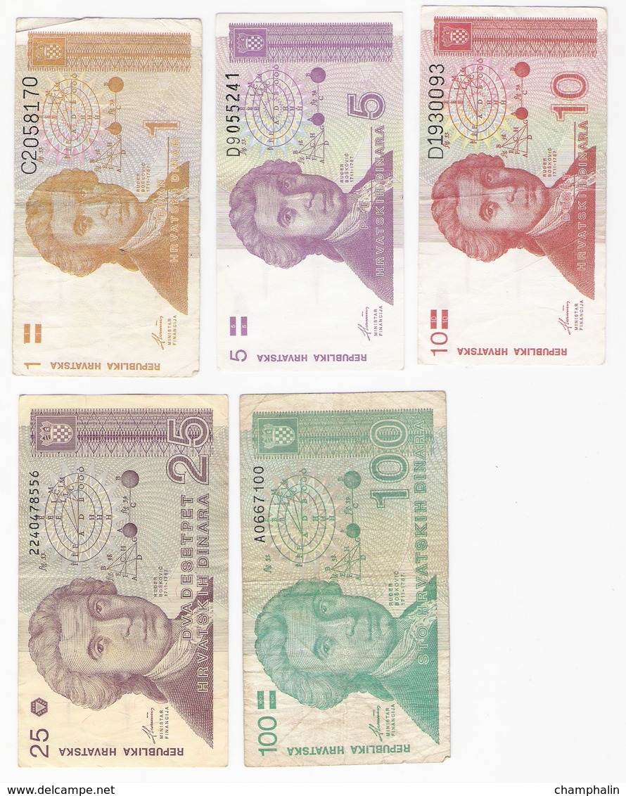 Croatie - Lot De 5 Billets - 1, 5, 10, 25 & 100 Dinara - 8 Octobre 1991 - Croatie