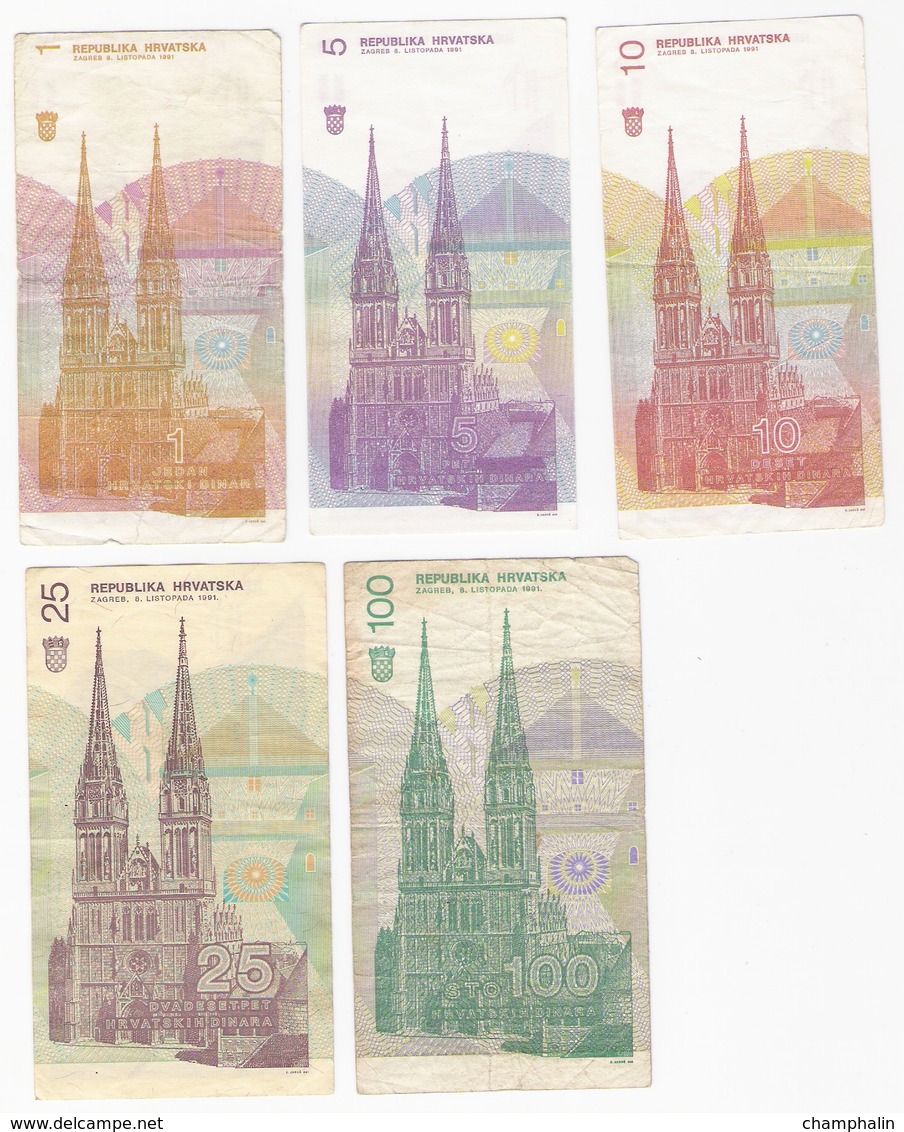 Croatie - Lot De 5 Billets - 1, 5, 10, 25 & 100 Dinara - 8 Octobre 1991 - Croatie