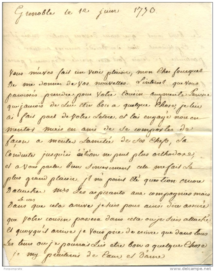 ISERE : Pli De GRENOBLE De 1773 En Port Du à 6 Sol Avec Marque Linéaire GRENOBLE Pour MONTELIMART - 1701-1800: Précurseurs XVIII