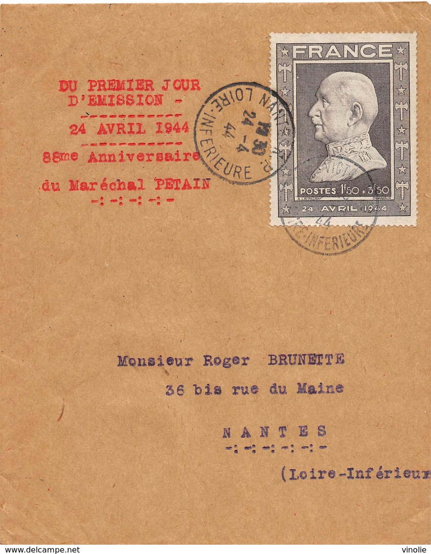 P-T3-18-5975  : ENVELOPPE PREMIER JOUR. 24 AVRIL 1944.  88° ANNIVERSAIRE DU MARECHAL PETAIN - WW II