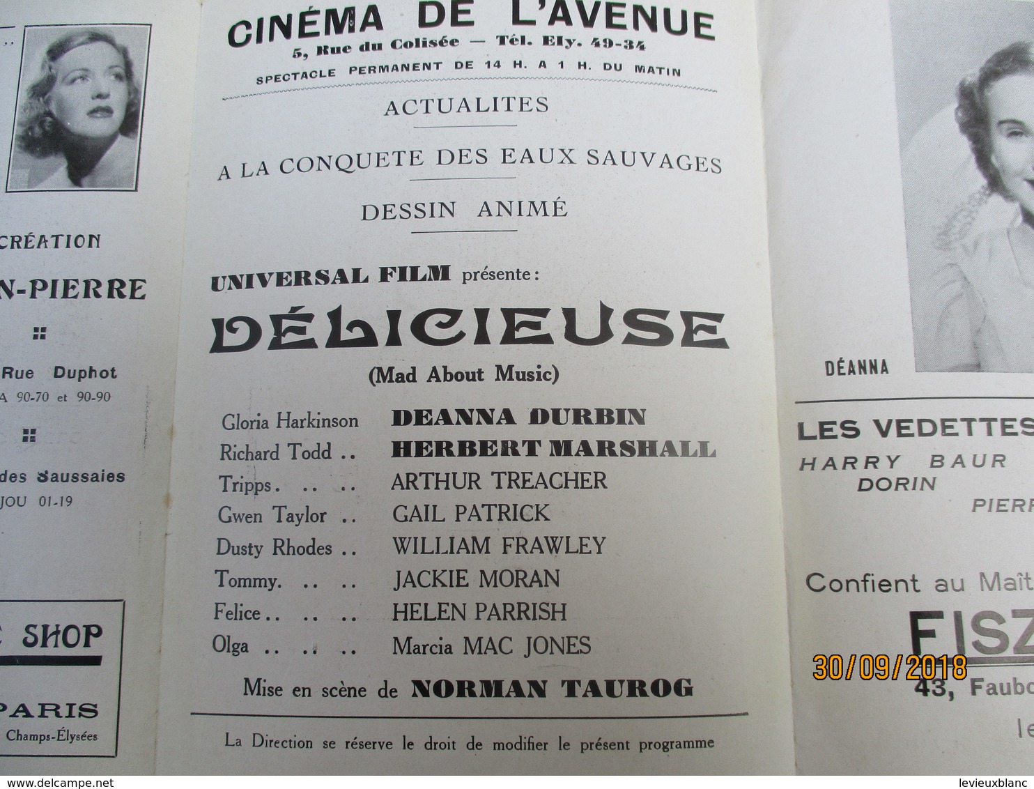 Cinéma De L'Avenue/Rue Du Colisée/Paris/Délicieuse/Universal Film/Deanna Durbin/Marshall/le Mont-Dore/1938      PROG198 - Programma's