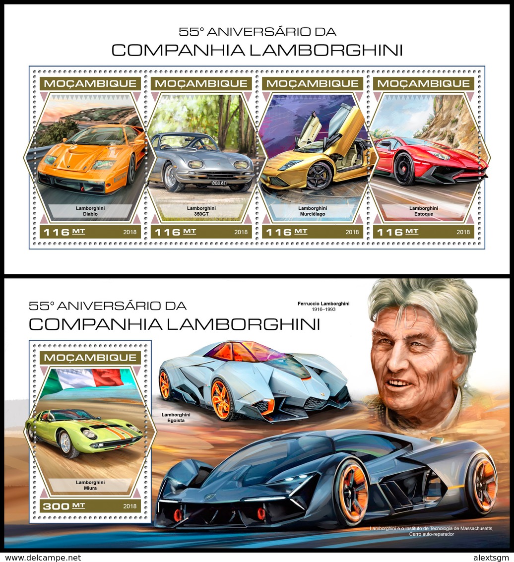 MOZAMBIQUE 2018 - Lamborghini Cars, M/S + S/S. Official Issue - Cars