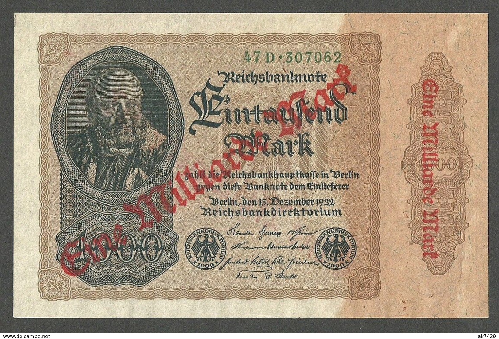 Germany Reichsbanknote 1000 Mark,Overprint 1,000,000,000 Mark 1923 Old 1922 UNC P-113a - 1.000 Reichsmark