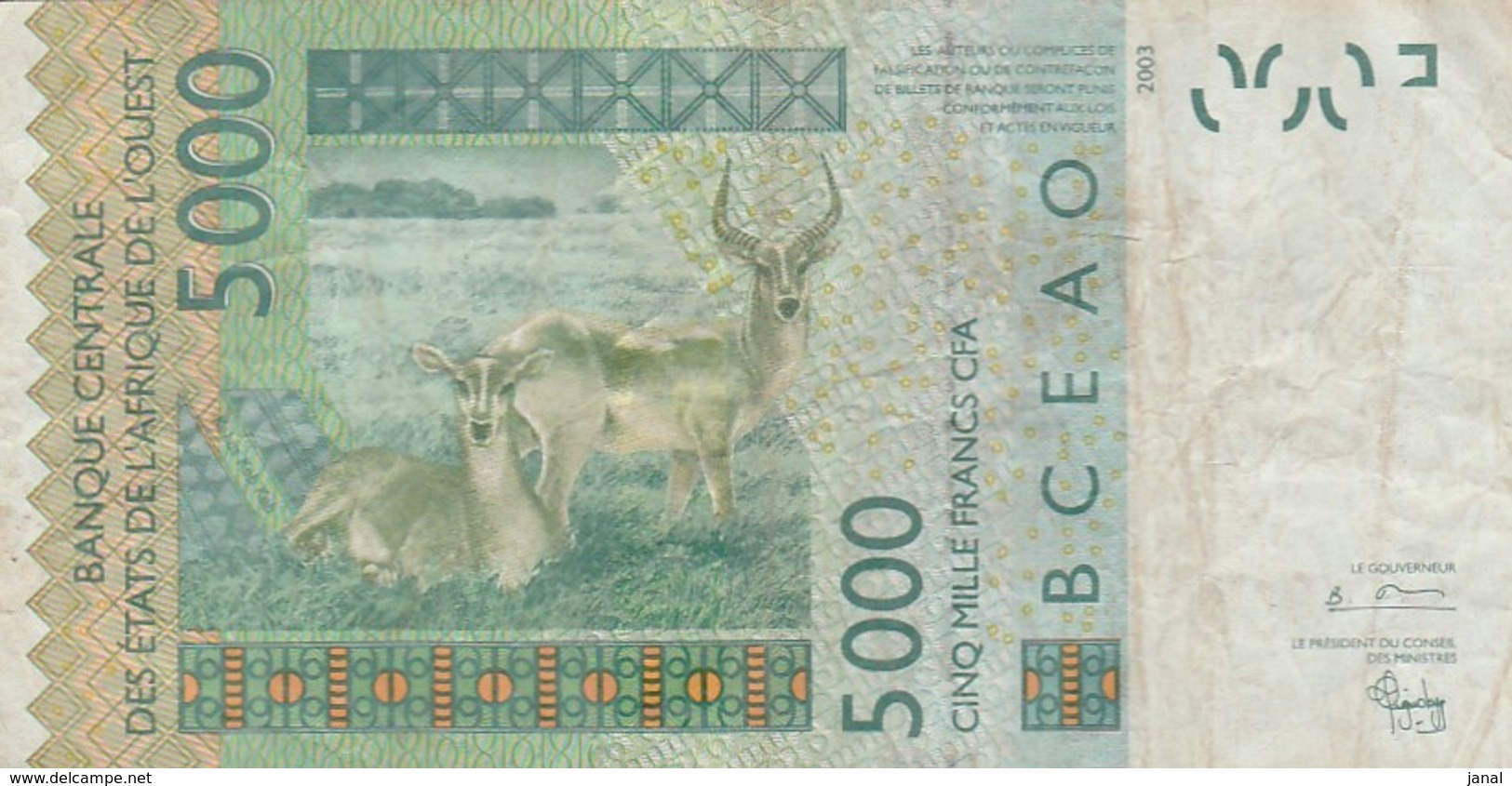 BILLETS - ETATS AFRIQUE DE L'OUEST- 5000 FRANCS CFA N° 03249761772 C 2003 - États D'Afrique De L'Ouest