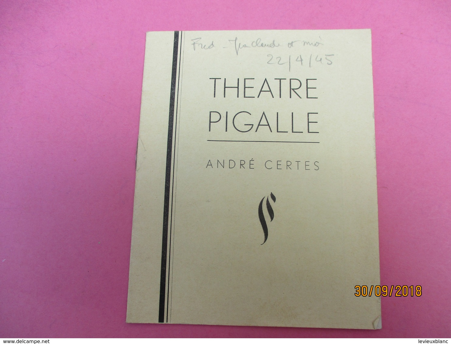 Théatre PIGALLE/ André Certes/Le Fleuve Etincelant / Charles MORGAN/Jean Mercure/Jandeline / 1945                PROG203 - Programmes