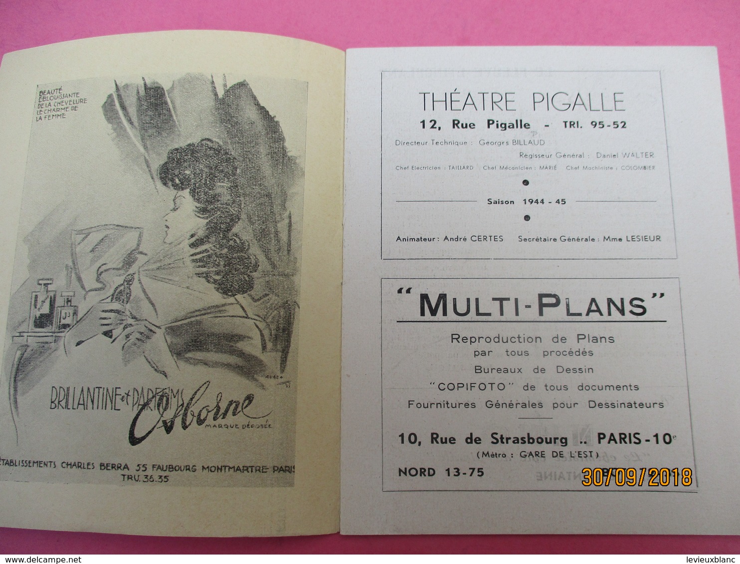 Théatre PIGALLE/ André Certes/Le Fleuve Etincelant / Charles MORGAN/Jean Mercure/Jandeline / 1945                PROG203 - Programmes