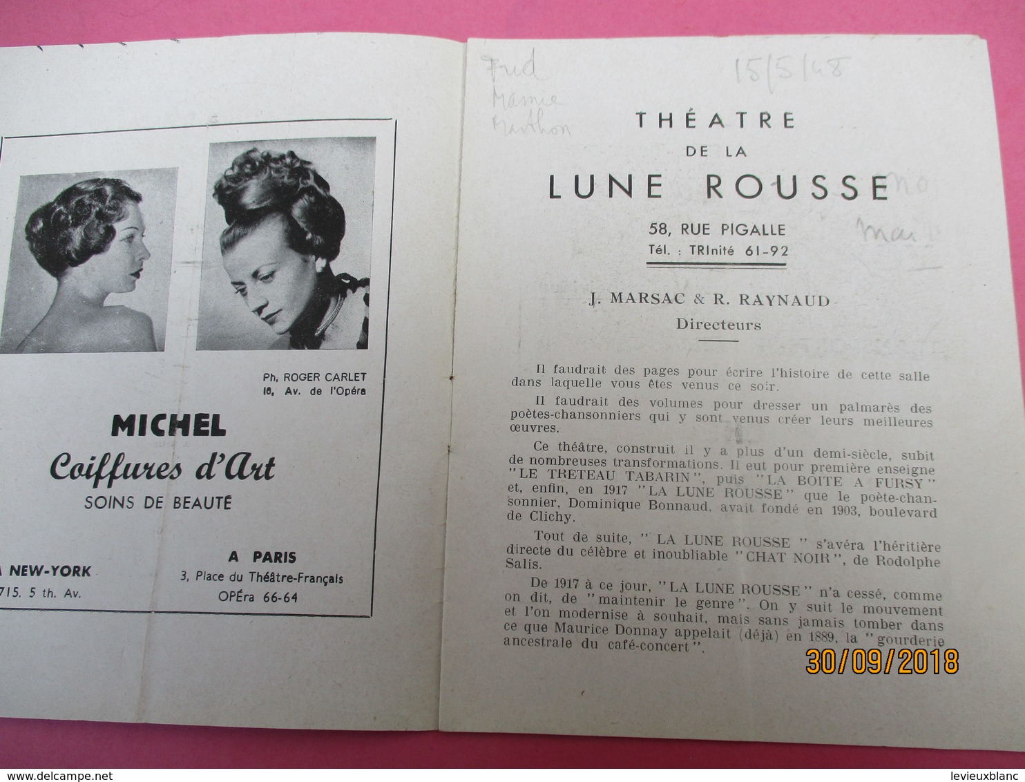 Théatre De La Lune Rousse / Rue Pigalle / Marsac & Raynaud/Chansonniers/Piéral-Carlés-Rigaux/1948                PROG204 - Programmes