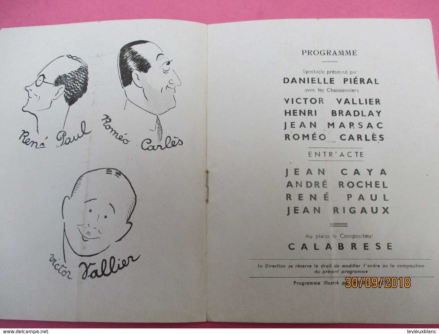 Théatre De La Lune Rousse / Rue Pigalle / Marsac & Raynaud/Chansonniers/Piéral-Carlés-Rigaux/1948                PROG204 - Programma's