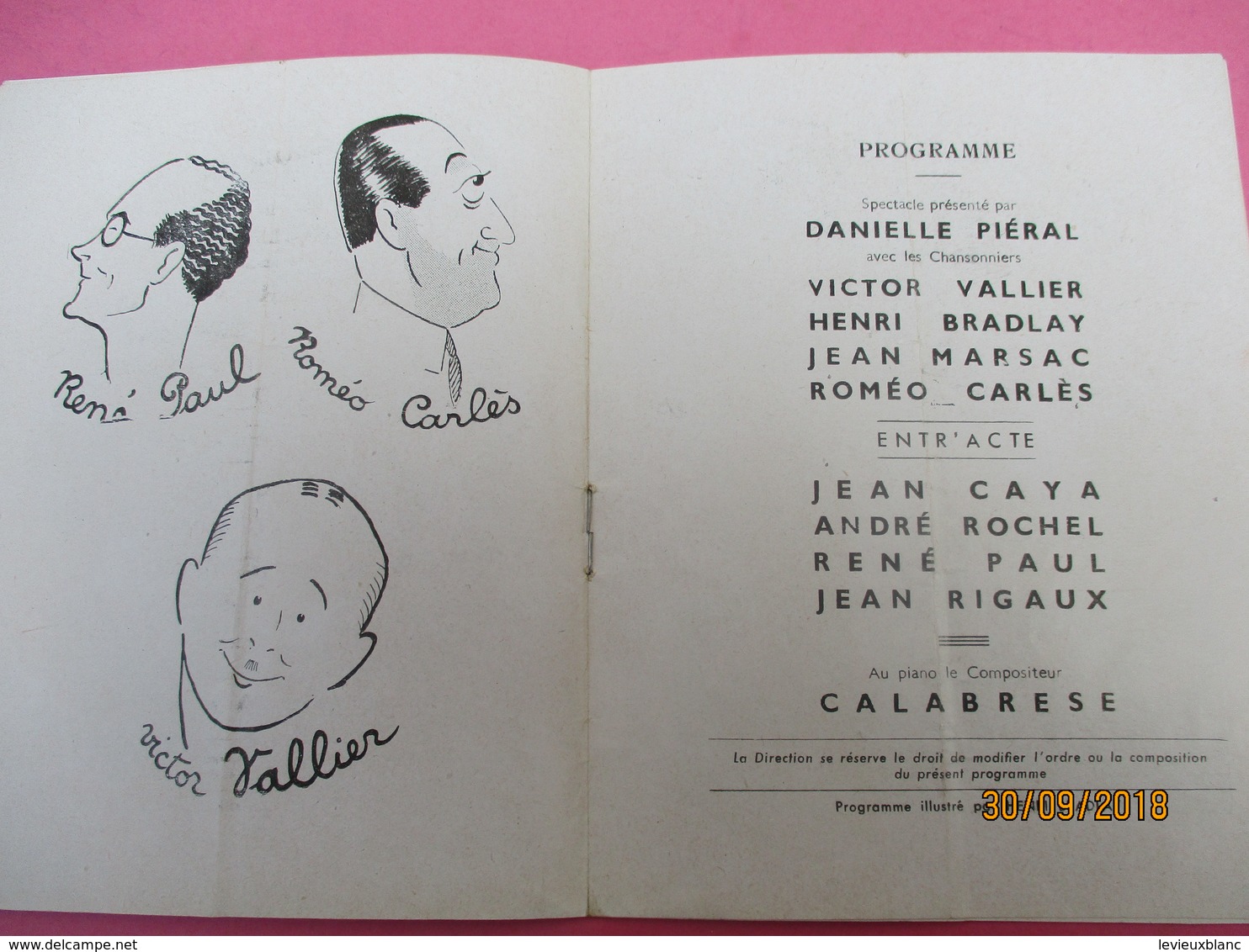 Théatre De La Lune Rousse / Rue Pigalle / Marsac & Raynaud/Chansonniers/Piéral-Carlés-Rigaux/1948                PROG204 - Programmes