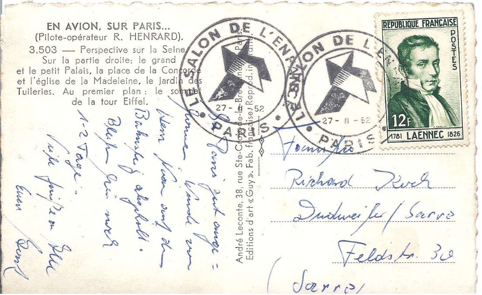 Ansichtskarte Von Paris  Aus Dem Jahre 1952    Frankiert  Mit Sonderstempel - Plätze