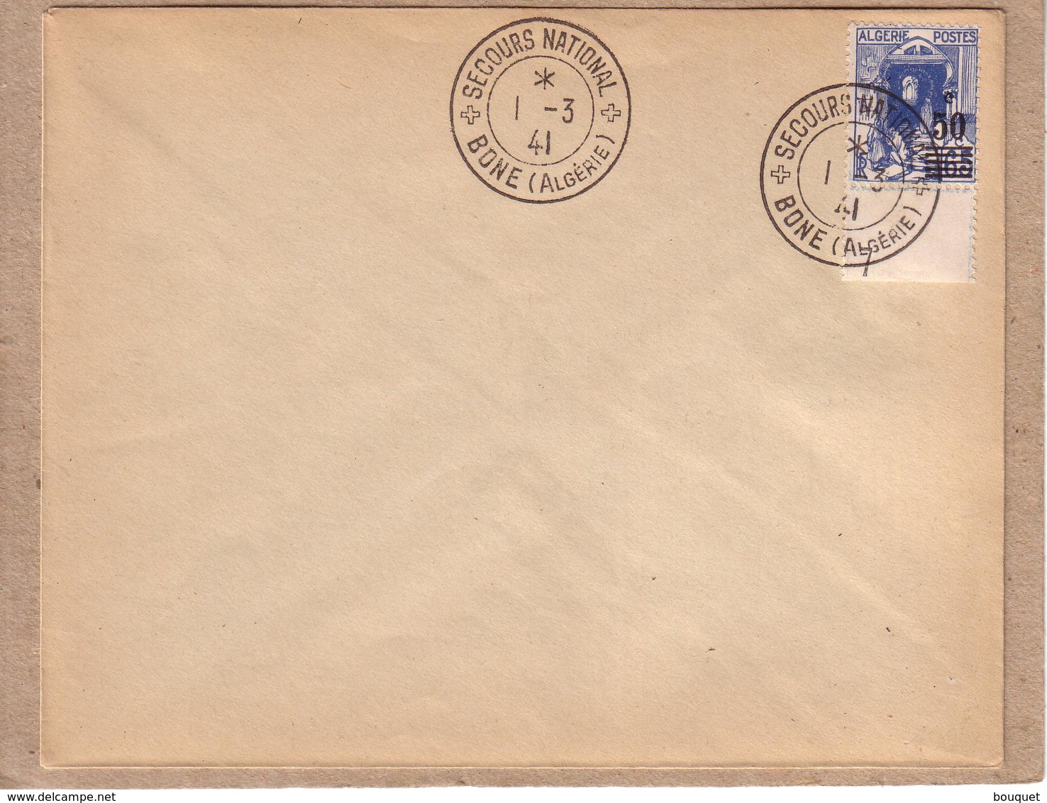 ALGERIE - CACHET SECOURS NATIONAL BONE SUR TMBRE POSTES ALGERIE 65 C RUE DE LA CASBAH AVEC SURCHARGE 50 C - 1941 - Lettres & Documents