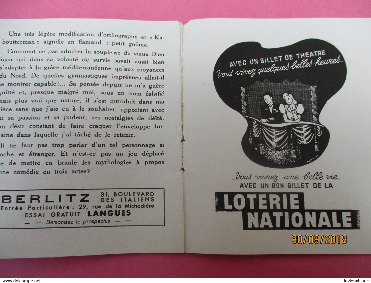 Théatre Athénée/Pierre Renoir/ La Part Du Feu /Louis Ducreux/André ROUSSIN/ Sabine Angeli/ 1943                PROG205 - Programma's