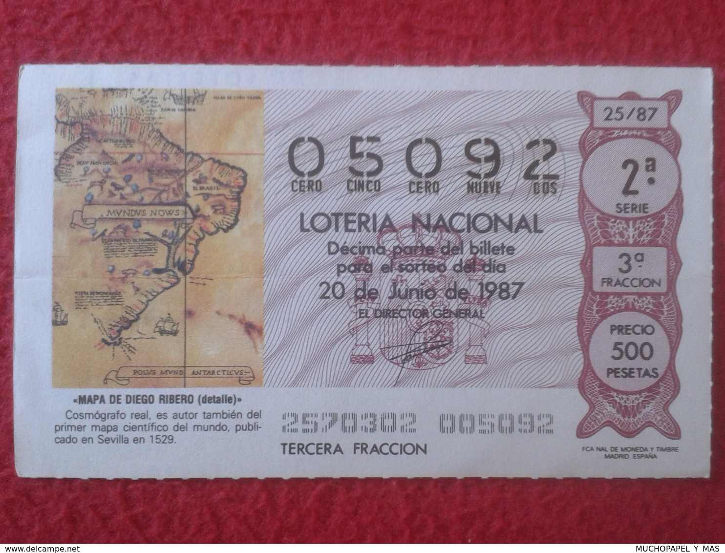 SPAIN ESPAGNE DÉCIMO DE LOTERÍA NACIONAL NATIONAL LOTTERY LOTERIE MAPA MAP DIEGO RIBERO SUDAMÉRICA VER FOTO CARTE PLAN - Billets De Loterie