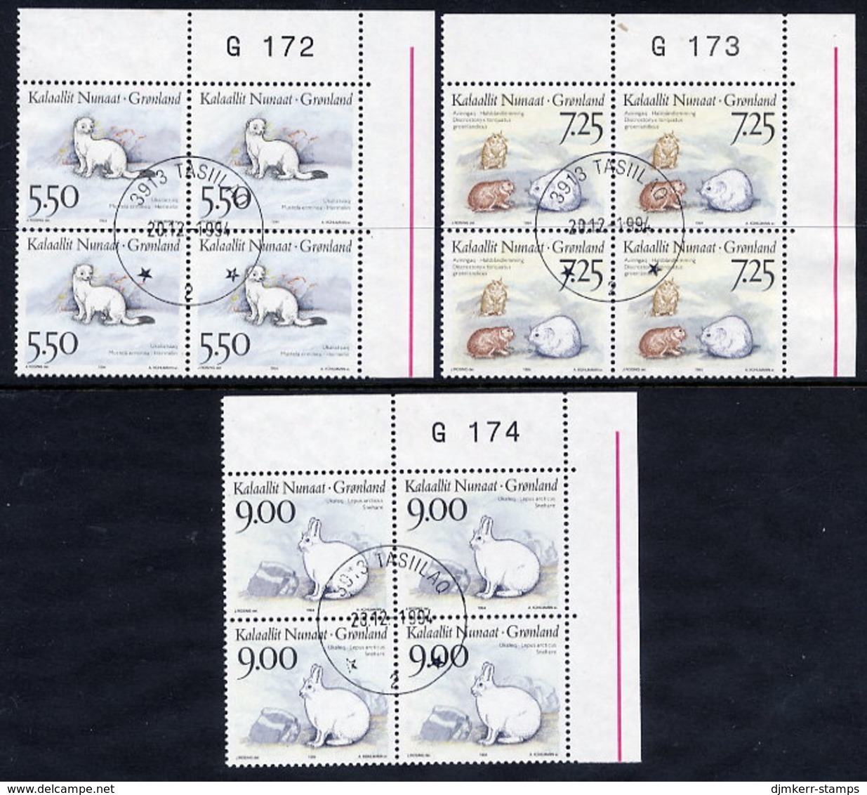 GREENLAND 1994 Mammals  II In Used Corner Blocks Of 4,  Michel 249-51 - Oblitérés