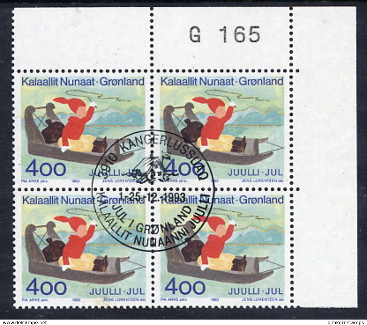 GREENLAND 1993 Christmas In Used Corner Block Of 4,  Michel 242 - Oblitérés