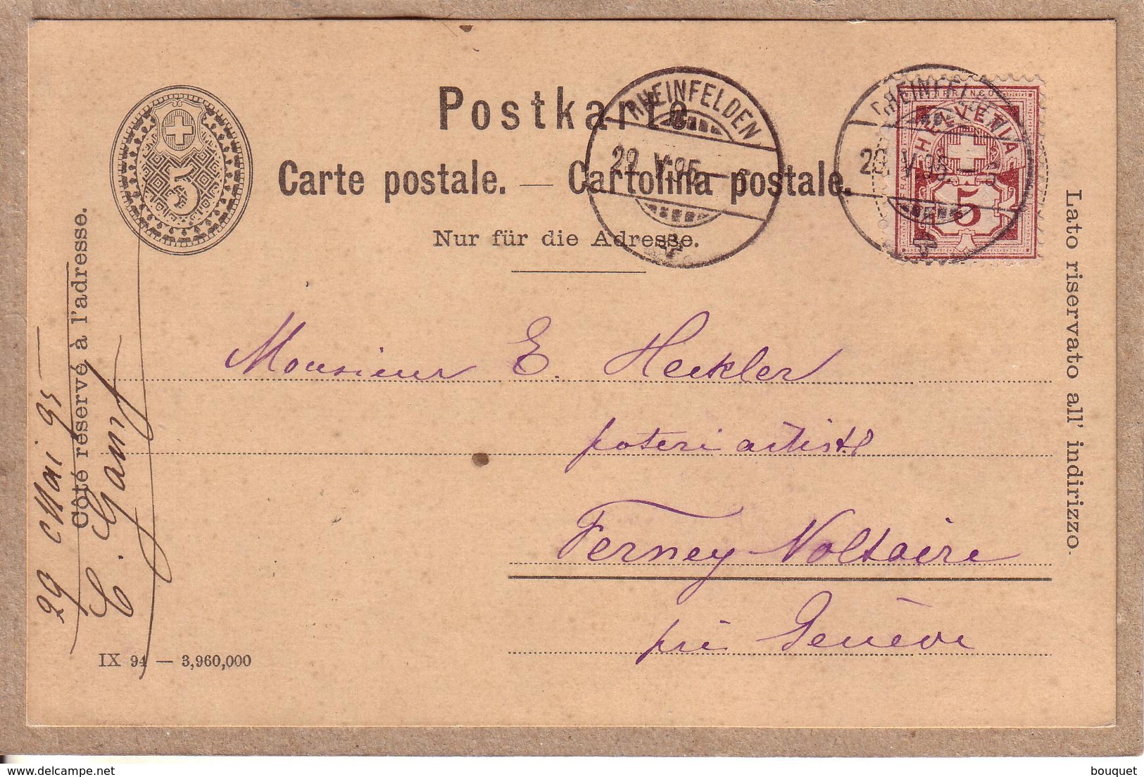 SUISSE - CARTE POSTALE ENTIER POSTAL IX 94 , 5 + 5 , DE RHEINFELDEN A FERNEY - REPIQUAGE CHOCOLAT PH. SUCHARD - 1895 - Stamped Stationery