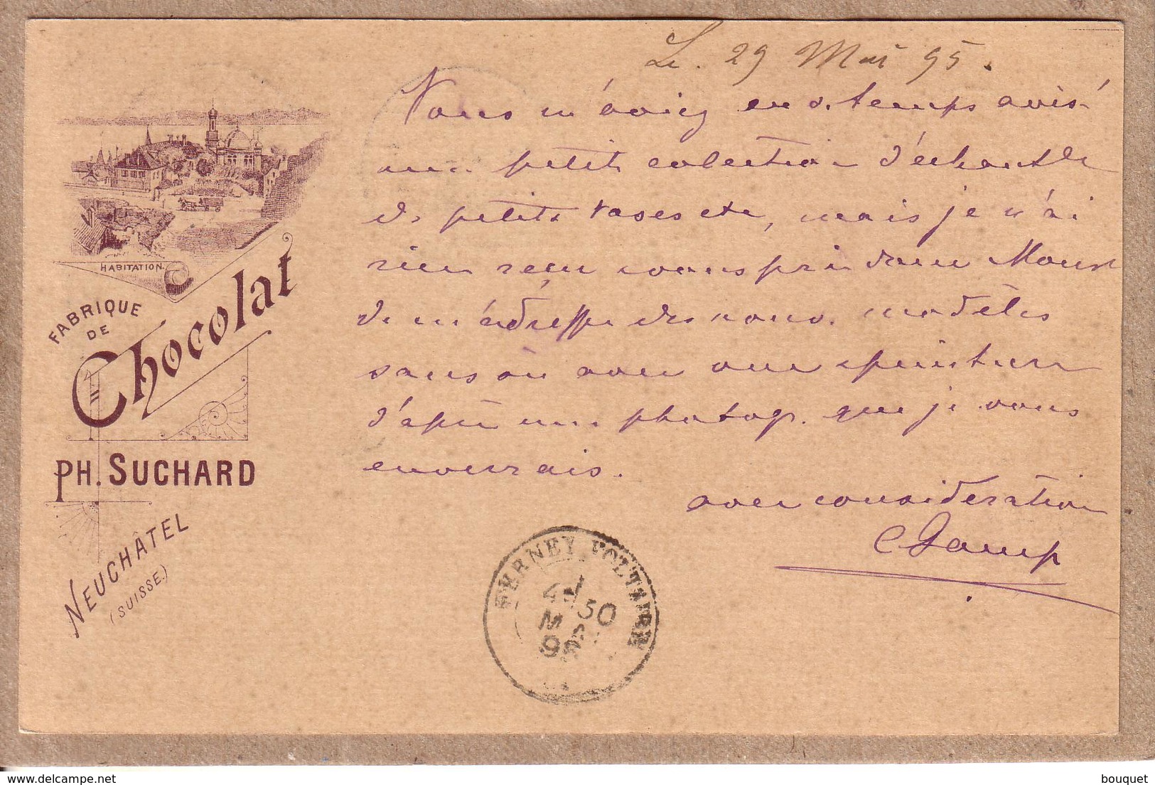 SUISSE - CARTE POSTALE ENTIER POSTAL IX 94 , 5 + 5 , DE RHEINFELDEN A FERNEY - REPIQUAGE CHOCOLAT PH. SUCHARD - 1895 - Stamped Stationery