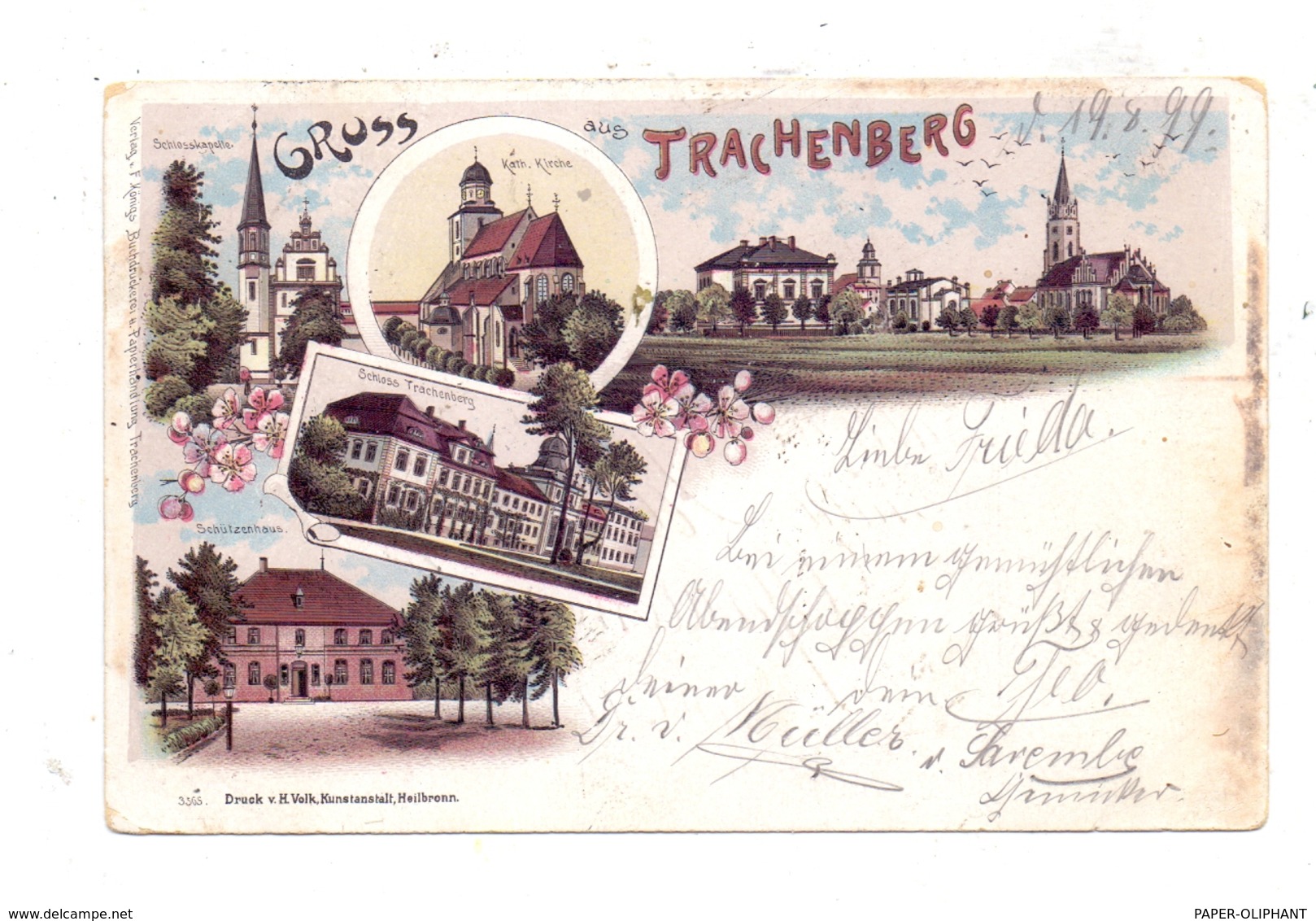 NIEDERSCHLESIEN - TRACHENBERG / ZMIGROD, Lithographie 1899, Schützenhaus, Schloss, Kirche, Schlosskapelle, Dorfansicht - Schlesien