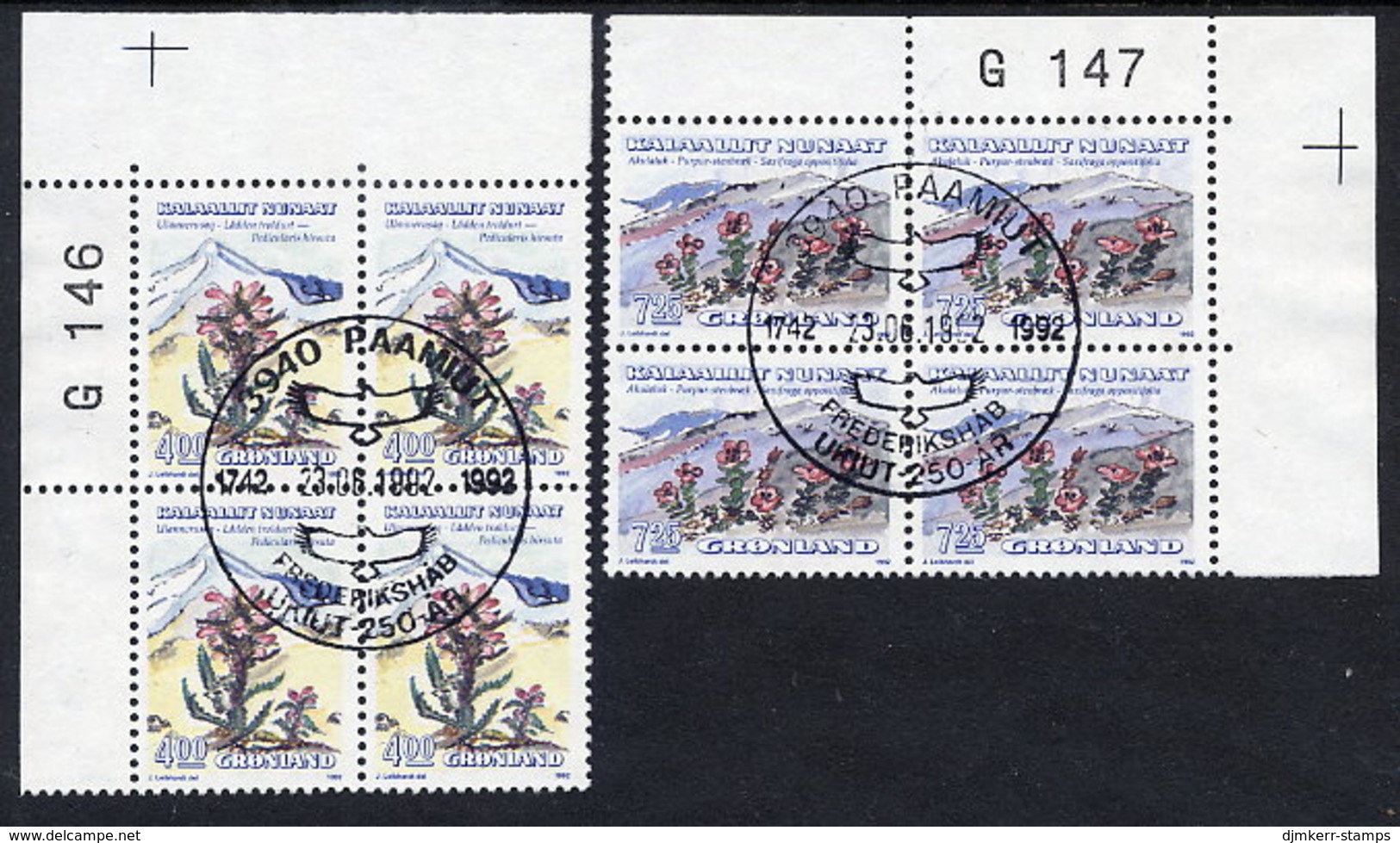 GREENLAND 1992 Flowers III In Used Corner Blocks Of 4.  Michel 223-24 - Gebraucht