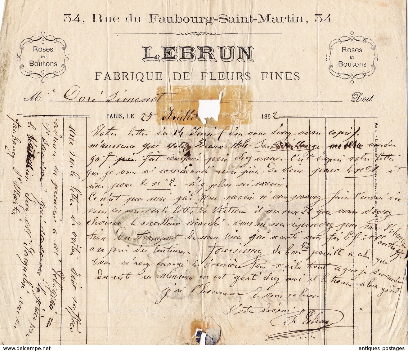 Lettre Paris 1862 Napoléon III 20 Centimes Fleurs Fines Fleuriste Flowers Lebrun Roses Et Bouton - 1853-1860 Napoléon III