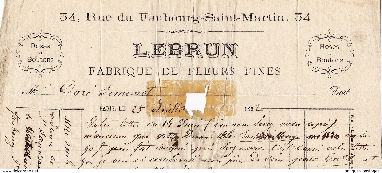 Lettre Paris 1862 Napoléon III 20 centimes Fleurs Fines Fleuriste Flowers Lebrun Roses et Bouton