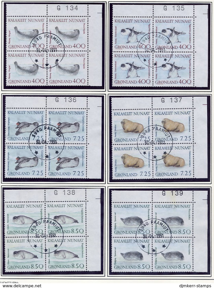 GREENLAND 1991 Seals In Used Corner Blocks Of 4.  Michel 211-16 - Used Stamps