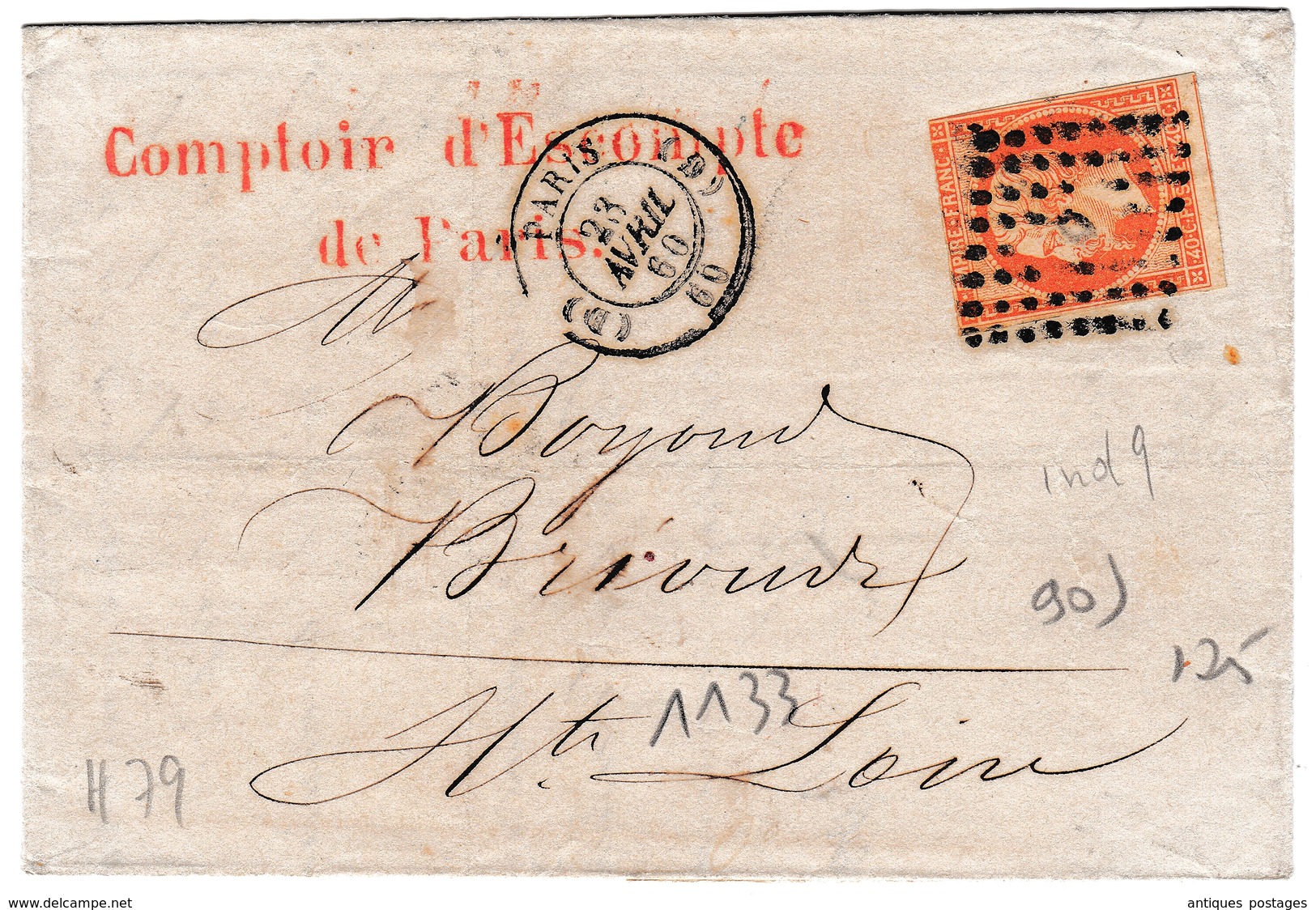 Lettre Paris 1860 Napoléon III 40 Centimes Comptoir De L'Escompte De Paris Banque - 1853-1860 Napoléon III