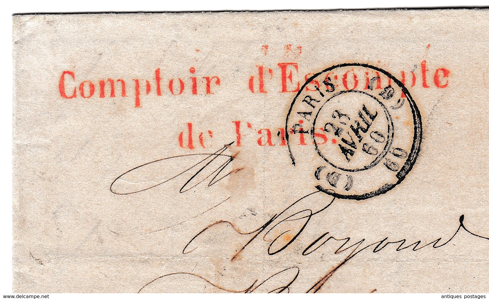 Lettre Paris 1860 Napoléon III 40 Centimes Comptoir De L'Escompte De Paris Banque - 1853-1860 Napoléon III