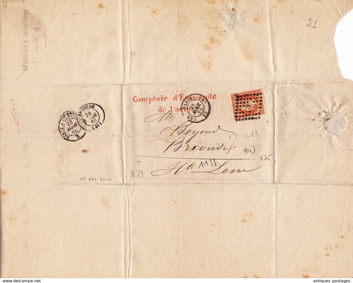 Lettre Paris 1860 Napoléon III 40 Centimes Comptoir De L'Escompte De Paris Banque - 1853-1860 Napoléon III