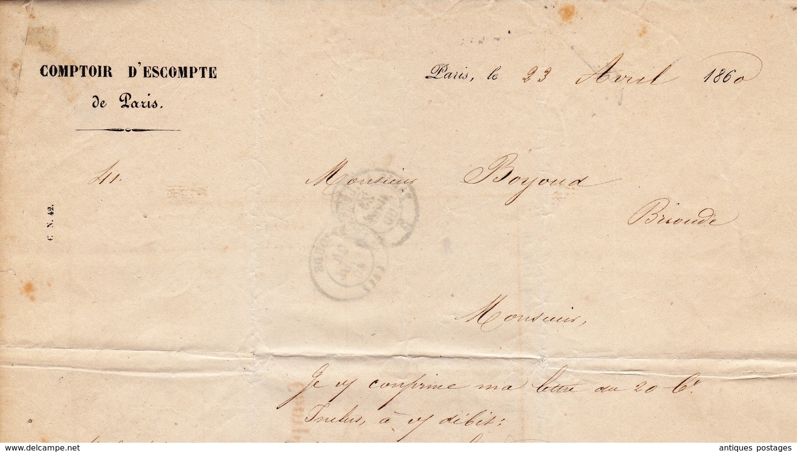 Lettre Paris 1860 Napoléon III 40 centimes Comptoir de l'Escompte de Paris Banque