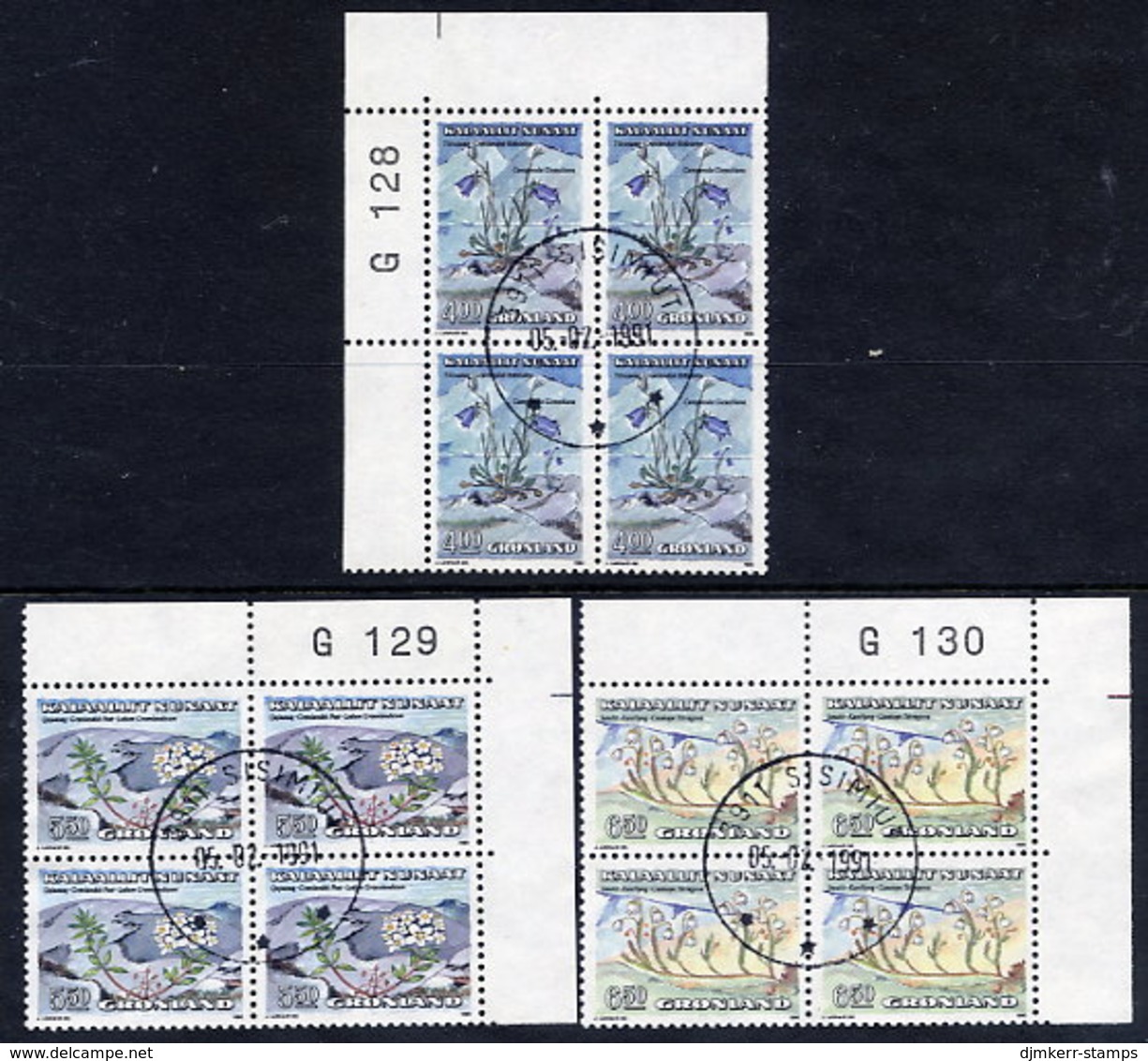 GREENLAND 1990 Flowers II In Used Corner Blocks Of 4.  Michel 205-07 - Oblitérés