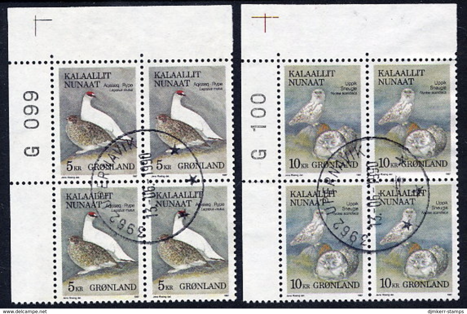 GREENLAND 1987 Birds I In Used Corner Blocks Of 4.  Michel 176-77 - Used Stamps