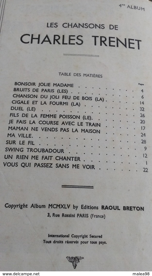 LES CHANSONS De CHARLES  TRENET,,,,4 Eme ALBUM,,,EDITIONS  RAOUL BRETON,,,,PHOTO  HARCOURT  PARIS - Vocals