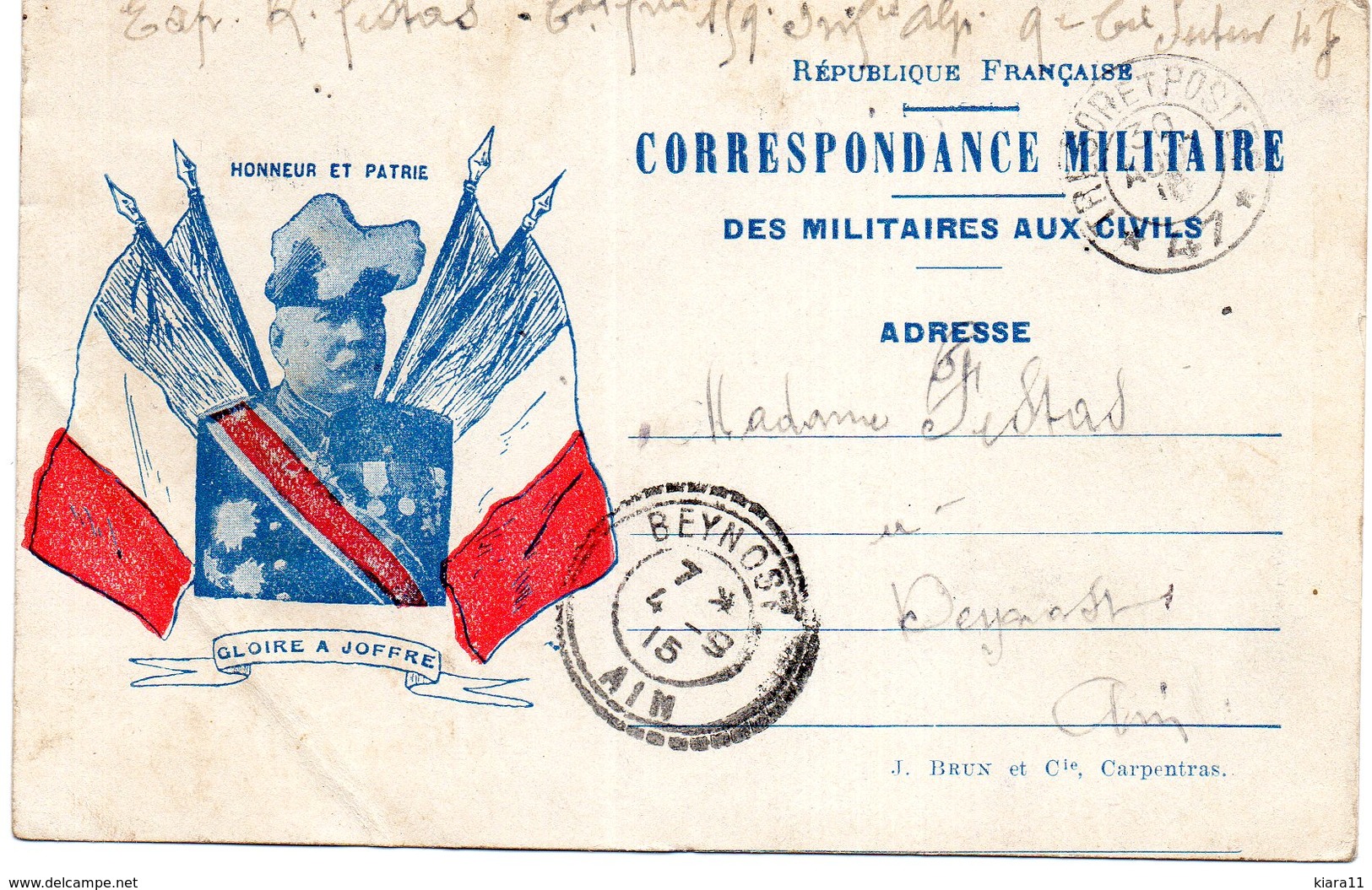 FRANCHISE MILITAIRE - CPFM - CORRESPONDANCE MILITAIRE - Faisceau De 4 Drapeau Et Portrait Du Général JOFFRE - Brieven En Documenten