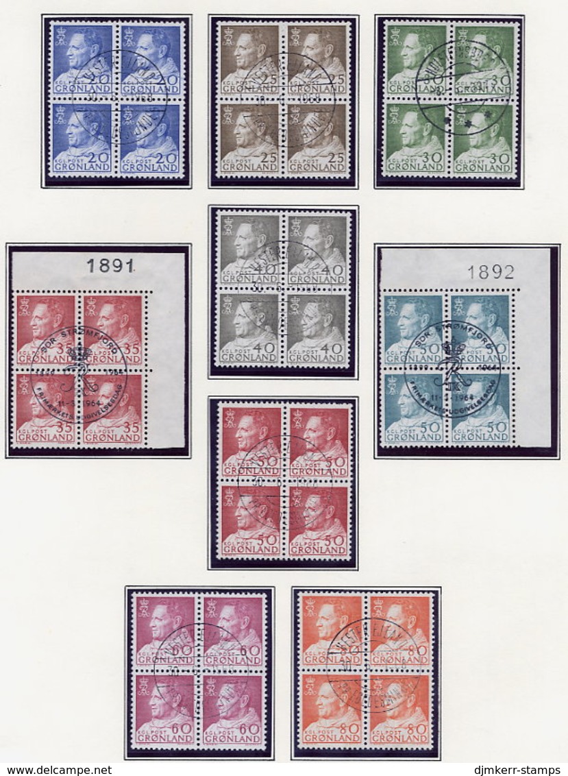 GREENLAND 1963-68 King Frederik IX Definitives, Set Of 9 In Used  Blocks Of 4. Michel 52-57, 65, 69, 71 - Oblitérés